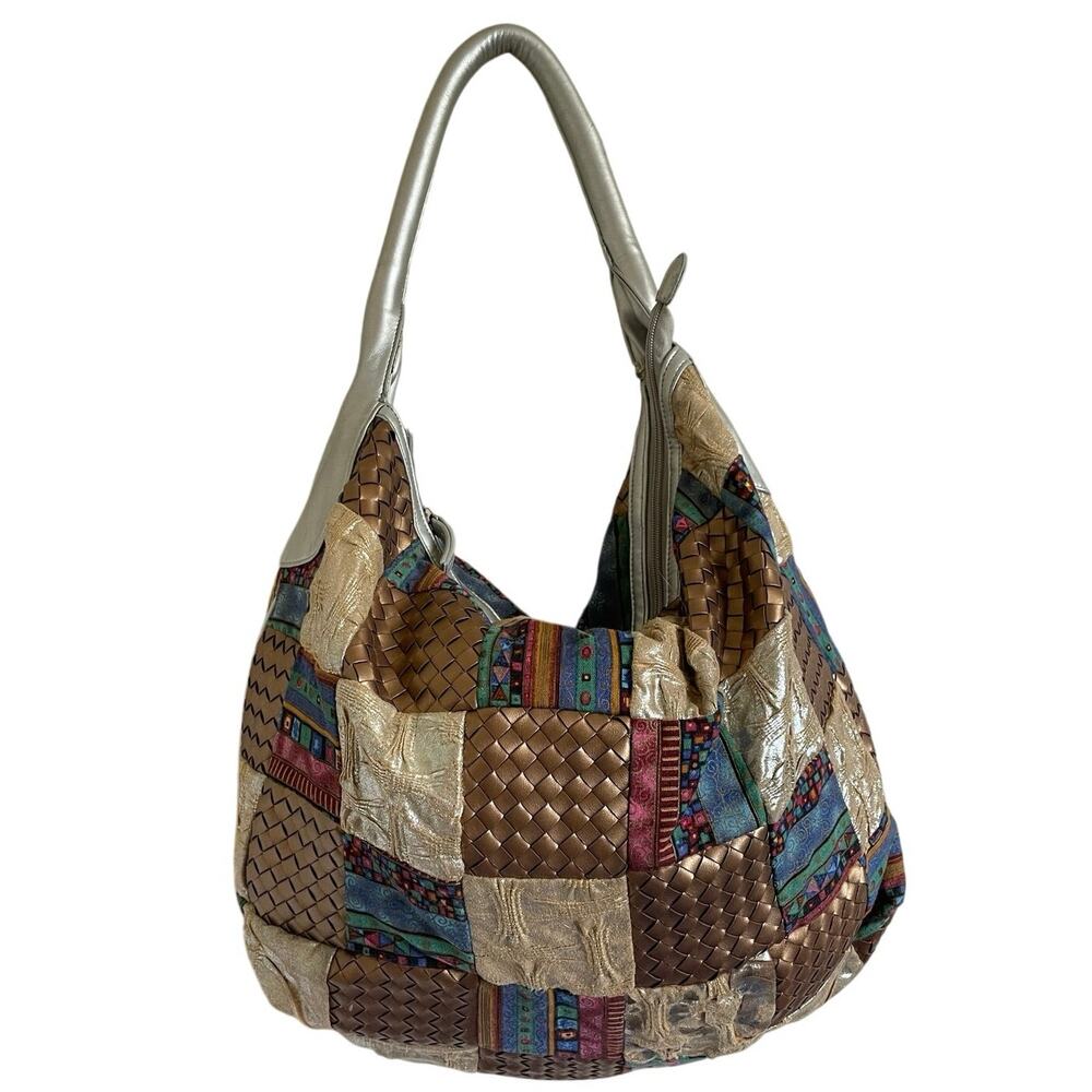 Vintage Zen Patchwork Hobo Bag – Metallic Silver Strap